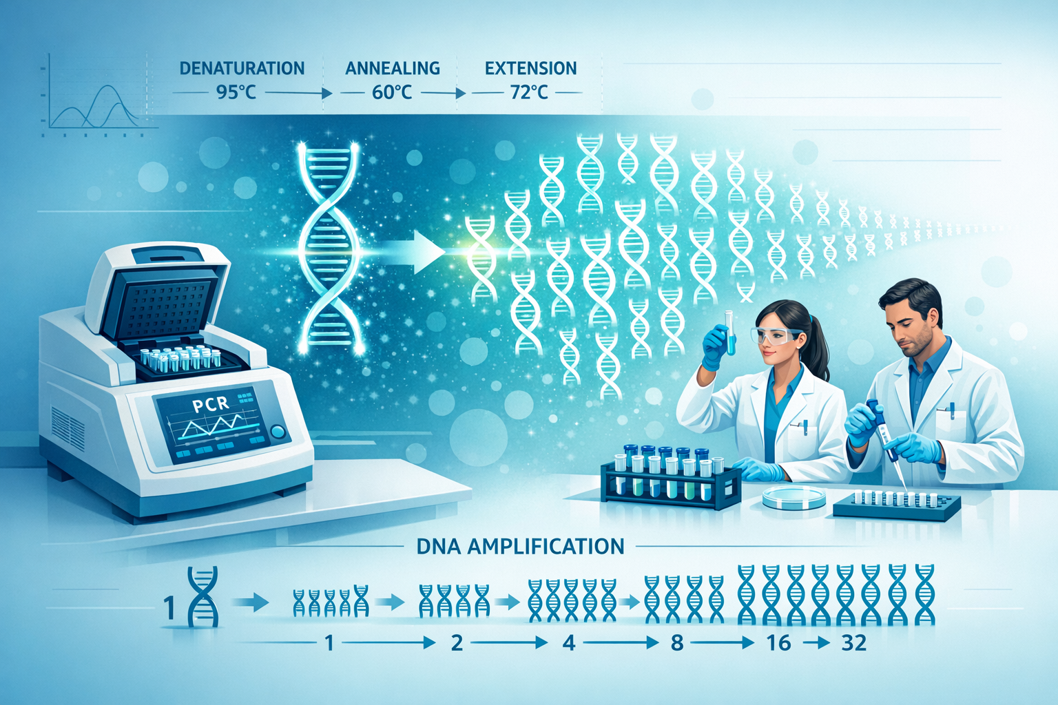 تصویر گرافیکی از روش PCR و نقش آن در تشخیص بیماری‌ها و شناسایی DNA یا RNA عوامل بیماری‌زا